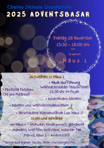 Weihnachtsbasar Freitag, 28. November 2024 von 15:30 bis 18:00 Uhr